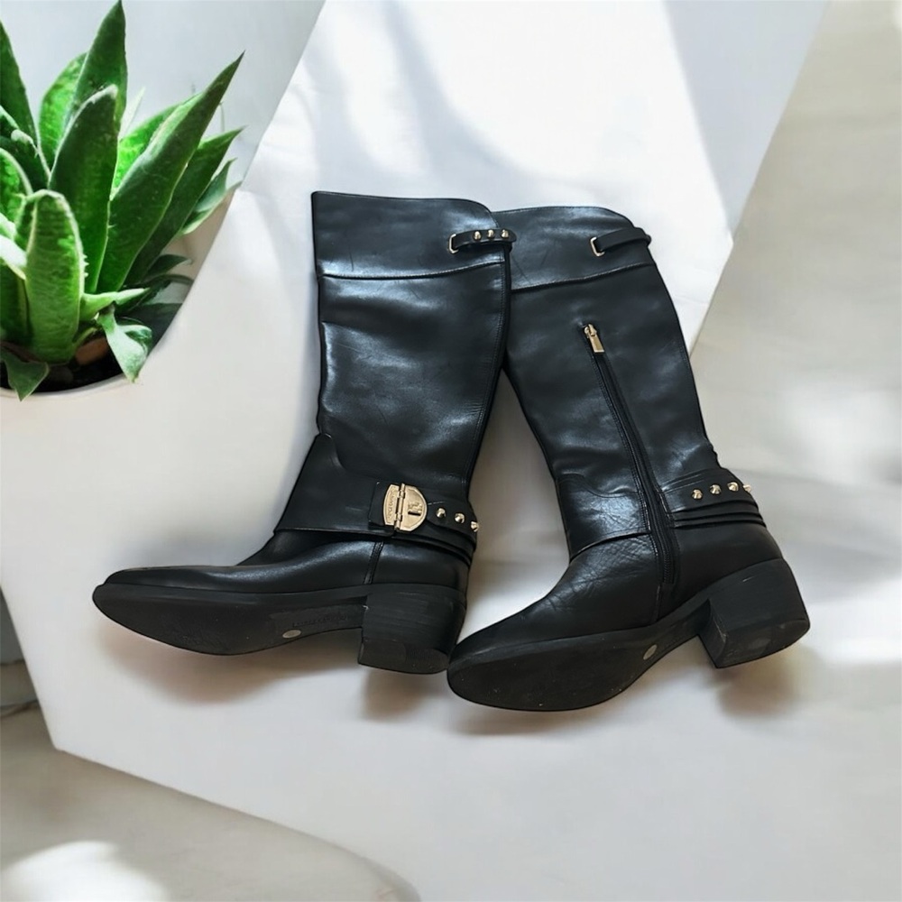 Vince Camuto Black genuine Leather Long Boots with Gold Accents